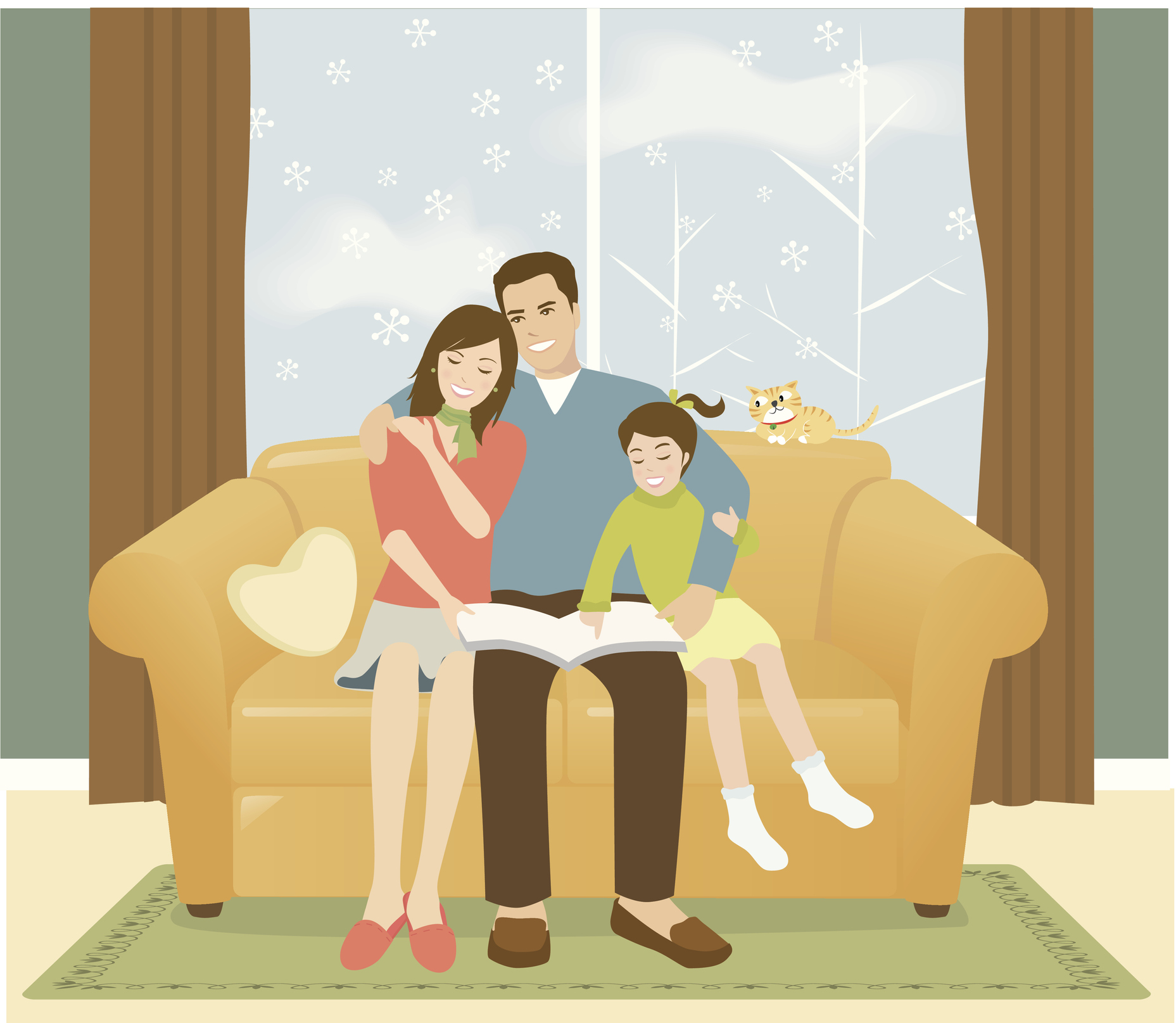 Portrait of Family Reading on Couch